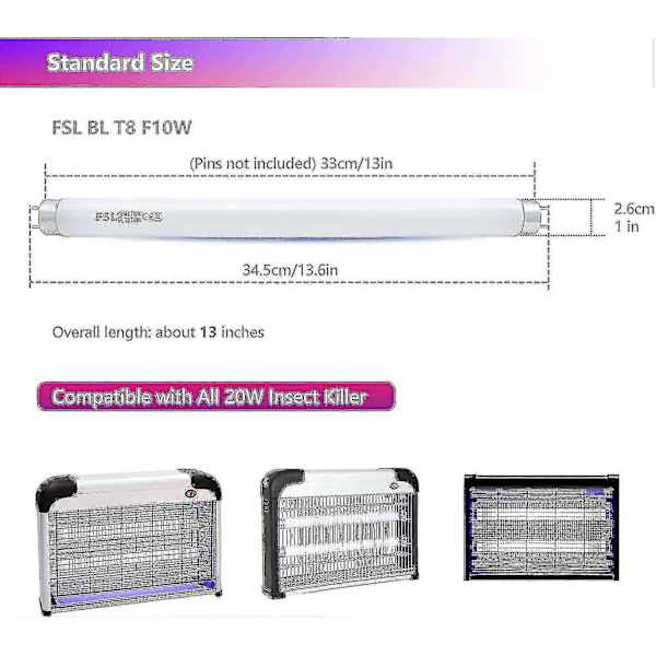 Fsl T8 F10w Bl Udskiftningslampe Til Myggefangerlampe, 34,5cm Uv-rør Til 20w Myggefanger/insektfanger (2stk)