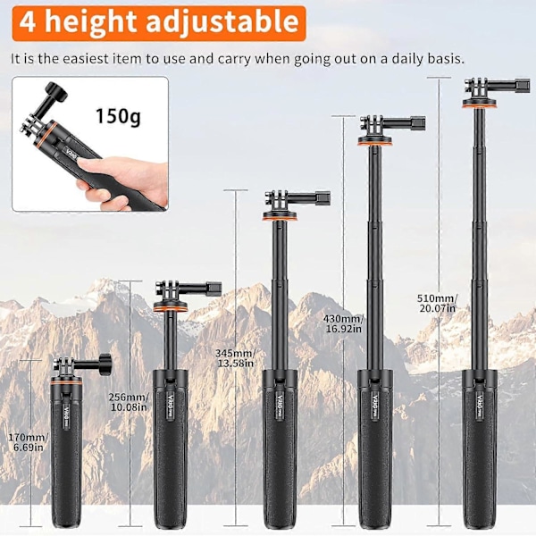 VRIG TP-08 20.1\" Mini Jatkettava GoPro Jalusta Kannettava Selfie-keppi Jalusta Kamera Jalusta GoPro Max Hero 11 10 9 8 7 6 5 4 3 3+ 2 1 Sessionille