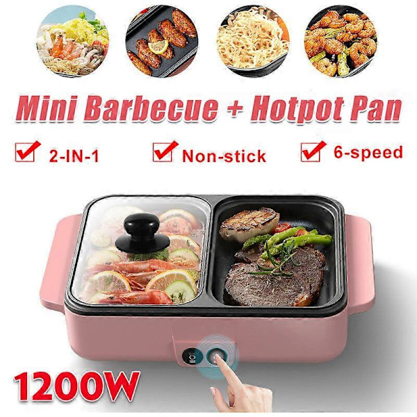2 i 1 Multifunksjonell 1400W Elektrisk Gryte Kokeapparat Grill Grill Gryte Nudler Egg Suppe Grill Non-stick Grillplate Grillpanne (Rosa, EU 220V plu