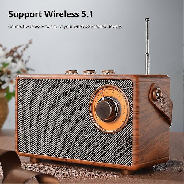 Retro FM-radio, bärbar, trä, Bluetooth-högtalare, bas, handsfree, MP3-spelare, stöd för USB/TF, bil