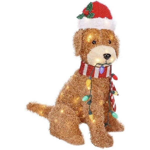 Christmas Led Light Up Fluffy Doodle Dog With Light String, Acrylic Outdoor Lawn Ornament For Christmas - 2d Flat