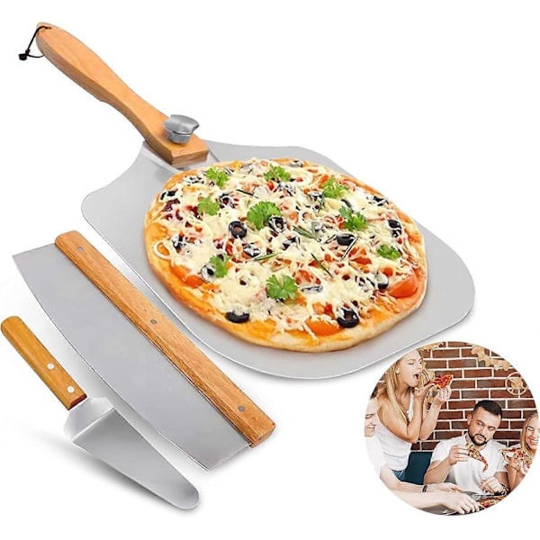 3-i-1 Pizzaugnstillbehörsset: Pizzaspade, Pizzarocker & Pizzaserver, 12\"X14\" Aluminium Pizzavändningsspade med Fällbart Handtag, Pizzarocker m