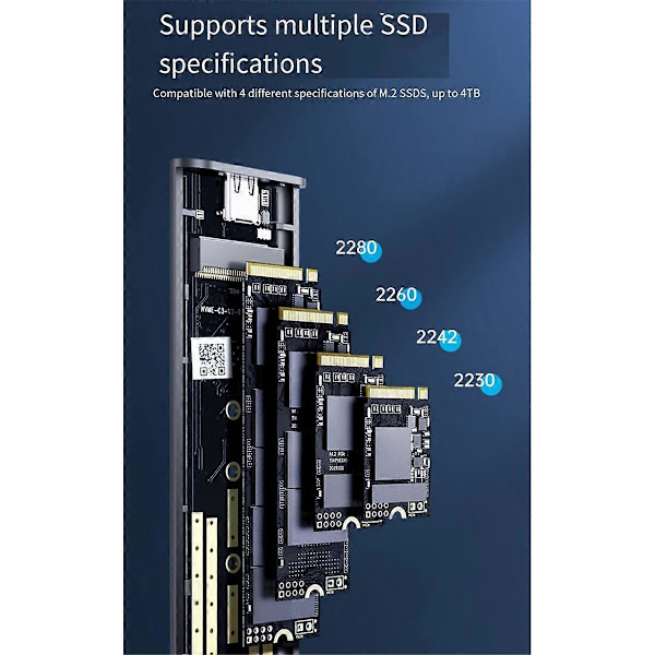 M.2 NVMe SSD-hölje, 10 Gbps aluminiumverktyg, stödjer UASP, PCIe typ C, M-nyckel Solid Sta