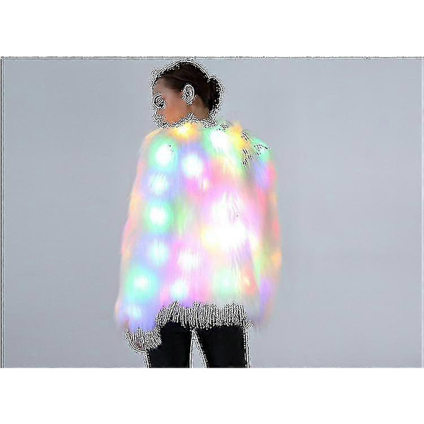 LED Pelsjakke for Kvinner Regnbue Glitrende Lysjakke Hvit Pels Rave Kostyme L