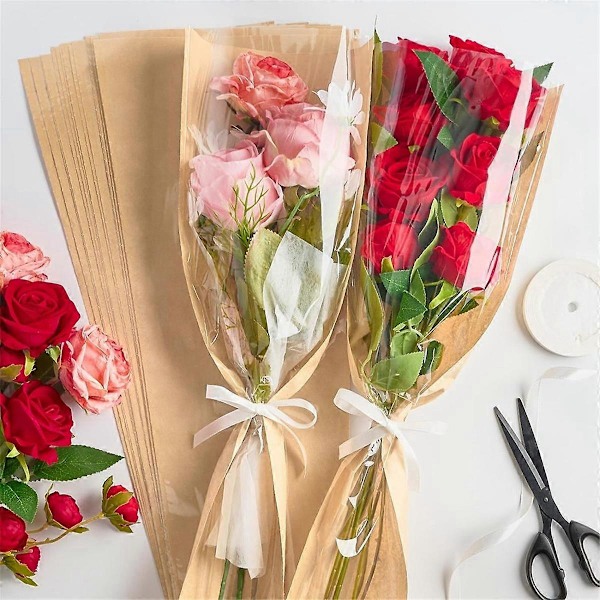 50 stk. blomsterærmer til buketter, blomsterindpakningspapir Kraft blomsterindpakningspose med bånd til blomsterhandler bryllup