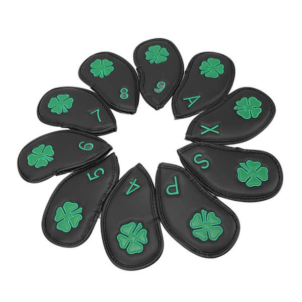 10 PCS Golf Club Head Covers Four Leaf Clover Pattern PU Waterproof Delicate Golf Iron Covers Set for Most Clubs Black