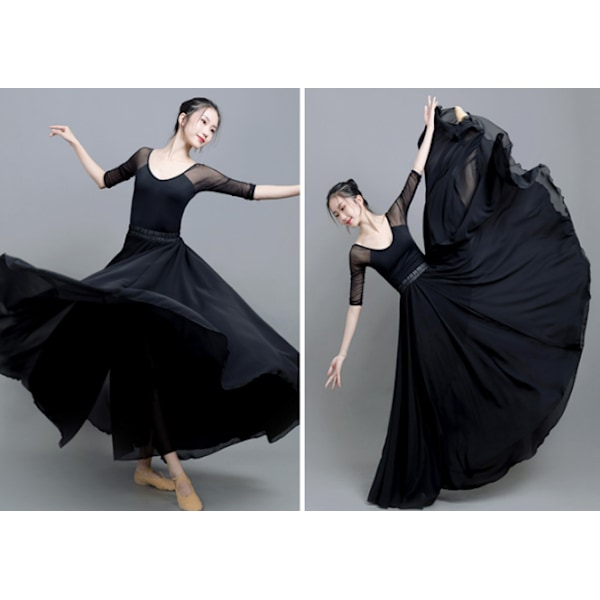 720 Silkeaktig Tynn Chiffon Elastisk Midje Lang Magdans Skjørt Black 85CM