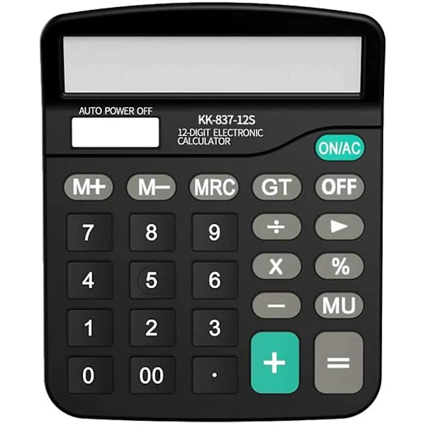 Standard Elektrisk Lommeregner 12-cifret Skrivebordslommeregner Solcelle Batteri Lommeregner Sort