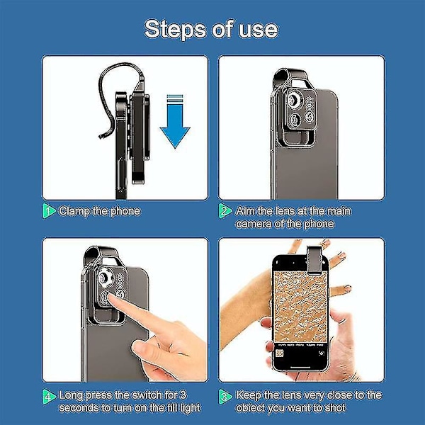 200X Mobiltelefon Mikroskop Tilbehør med CPL Linse, Bærbar Mini Digital Mikroskop med LED Lys/Universal Klips