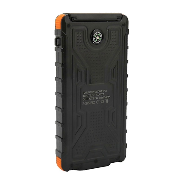Bærbar Solcelledrevet Telefonoplader 20000mAh Solcelle Powerbank med Kompas og LED Lommelygte til Udendørs Sort Orange