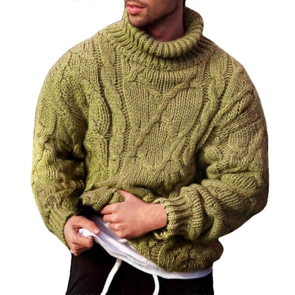Mænds Chunky Knit Trøje med Rullet Kant og Høj Hals - Varmt Trøjeoverdel Light green 2XL