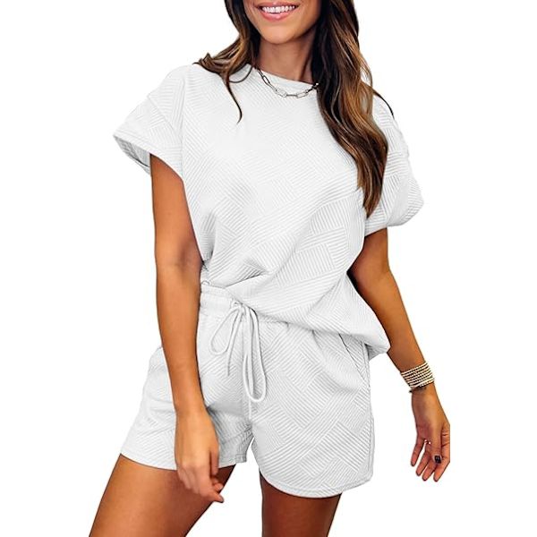 Damkläder Set för Hemmet, Sommar, Rund Hals, Kapärm, Topp och Byxor med Snörning, Casual Suit, Tvådelad Sportkläder med Fickor