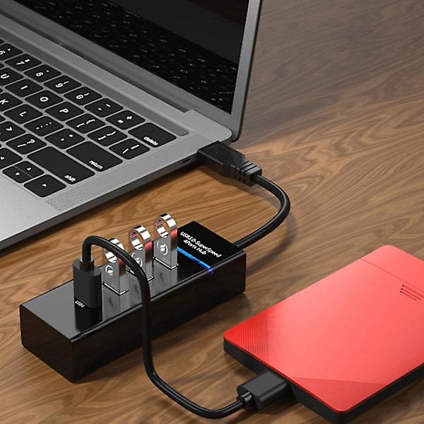 USB 3.0 Hub med Strömförsörjning, 4 Portar, Bärbar USB-Datahub, Delare, Adapter