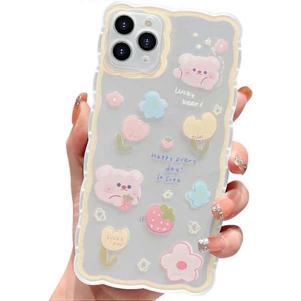 Kompatibel med iPhone 11 Pro Max Skal Söt Cartoon Blommig Björnmönster Design Kvinnor Flickor Kawaii -Gul