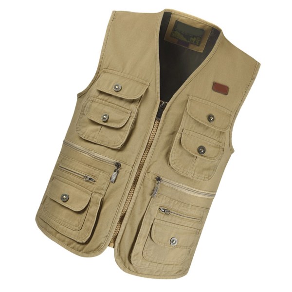 YO Cargo Vest Multi Lommer Myk Pustende Ren Bomull Glattende Glidelås Fiske Vest for Utendørs Journalist Den Gamle Brun XL