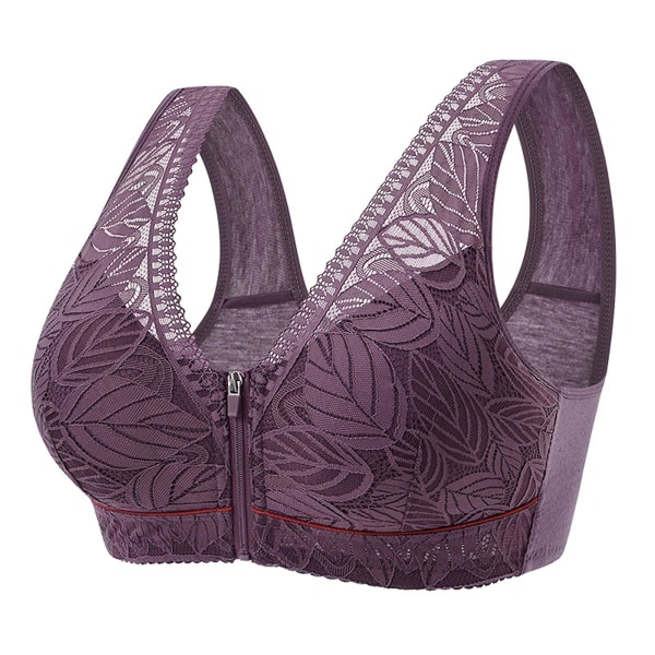 Comfort Wireless Front Close BH Super blød dame BH med blomstret blonde uden bøjle til hverdag Purple 42-95