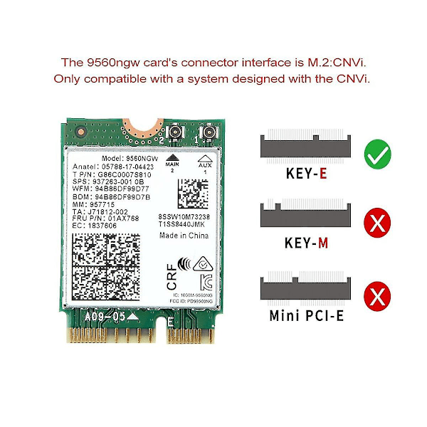 9560ngw Wifi-kort 1730mbps Trådlöst Ac 9560 Dubbelbands 2.4g+5g Bluetooth 5.0 802.11ac M.2 Cnvi 9560n