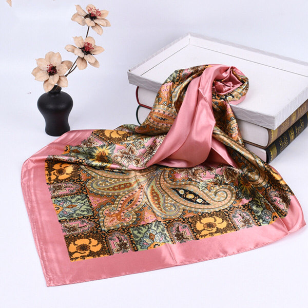 90 cm mote damer firkantet skjerf sjal sateng silke hode hals floral wrap bandana Pink