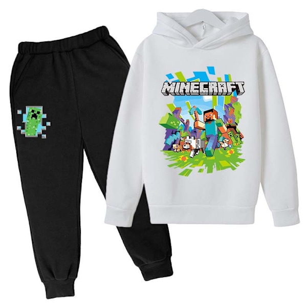 Barnens Minecraft träningsdräkt med tryckt huvtröja och byxor, casual White 130