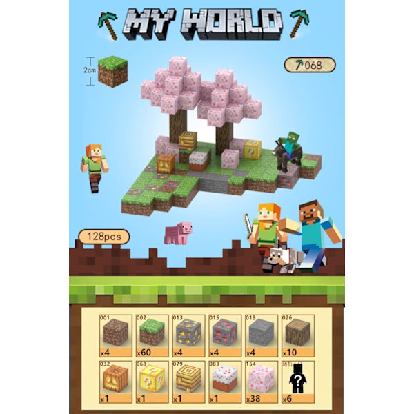 Minecraft byggklossar, inklusive 128 sexsidiga magnetiska leksaker med 6 dockor (Körsbärsblomsterland) Cherry Blossom Land