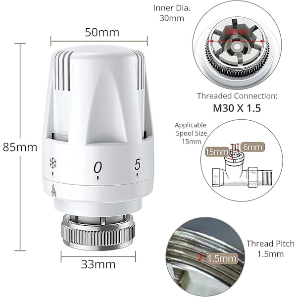 Termostatisk Radiatorhoved 2 stk. Radiator Termostathoved TRV M 30 x 1,5 Radiatorventil Udskiftningshoved Termostatisk Radiatorventil Varmesystem
