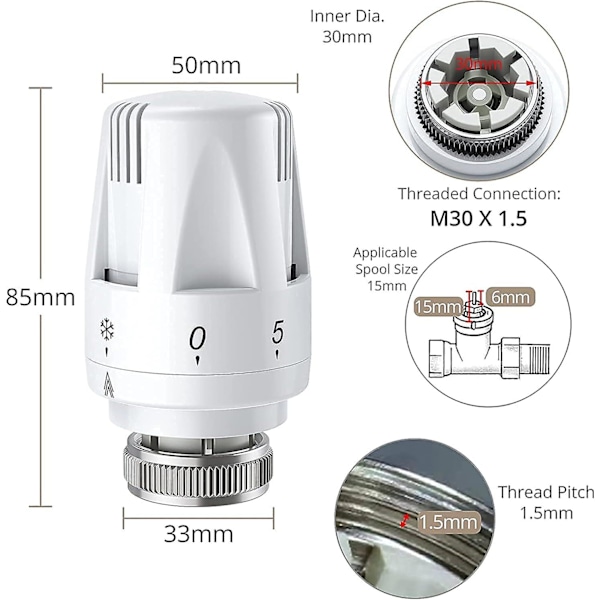 Termostatiskt Radiatorhuvud 2 st Radiatortermostathuvud TRV M 30 x 1,5 Radiatorventil Ersättningshuvud Termostatiskt Radiatorventil Värmesystem
