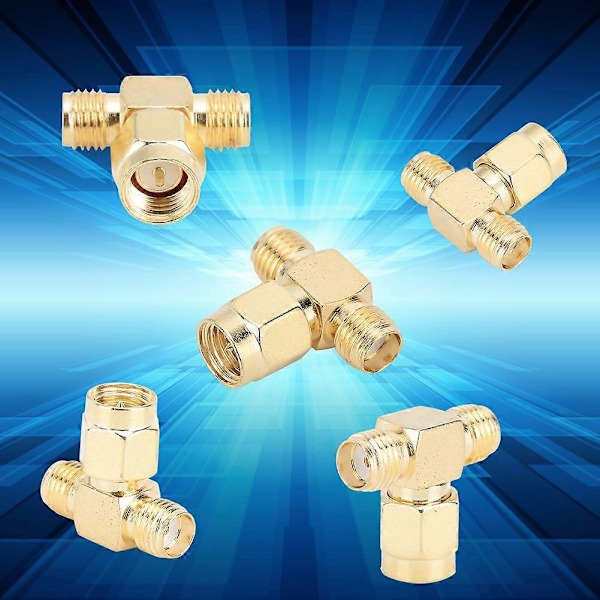 5-pack Guldpläterad Mässing 50 Ohm SMA Han till Dubbel SMA Hon Adapter med Standard Polaritet
