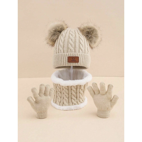 Baby- og barnelue med dekorativ pompom og varm vinterhals med votter for jenter og gutter, avslappet sesongsett, unisex størrelse 51-56 cm Off-white M