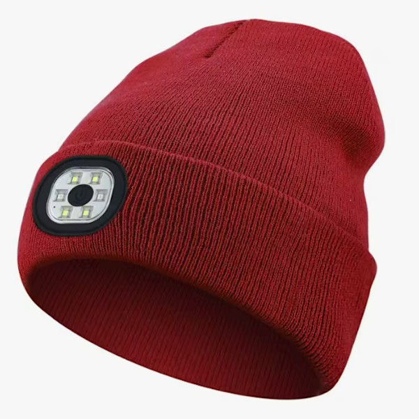 Unisex USB Laddningsbar Luminous LED Vinterhatt Varm Hatt med Huvudlampa för Natt och Höst Huva Inre Ljus Red