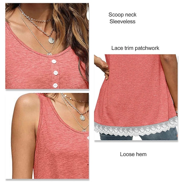 Pink S Kvinder Tanktop Scoop Hals Lace Trim Casual Knappet Løstsiddende Hems Pure Farve Sommer Ærmeløs Skjorte