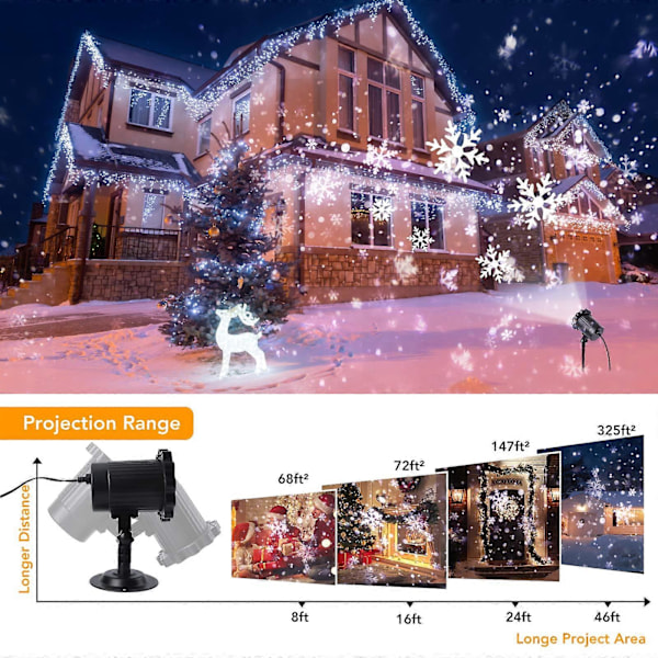 Utomhus LED-projektor för jul, LED-projektor för snöfall, landskapsljus med snöfall, IP65 vattentät roterbar förstärkt festlig projektor