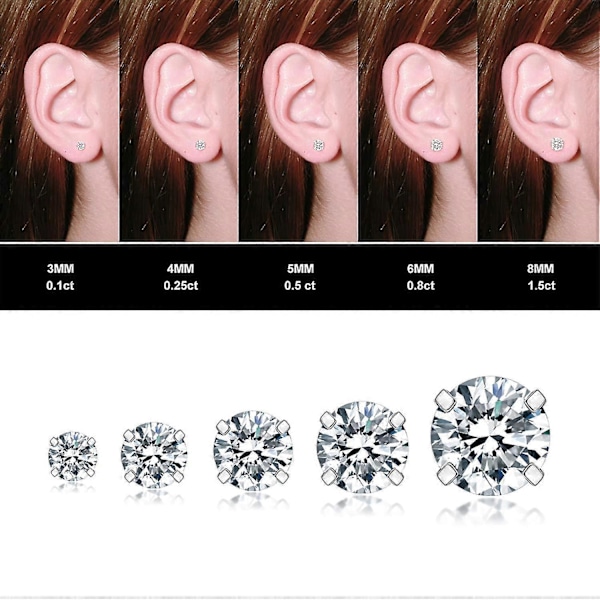 5 Par Stud Øreringe Sæt, Hypoallergenisk Kubisk Zirkonia 316l Øreringe Rustfrit Stål Cz Øreringe 3-8mm (Stål Farve)