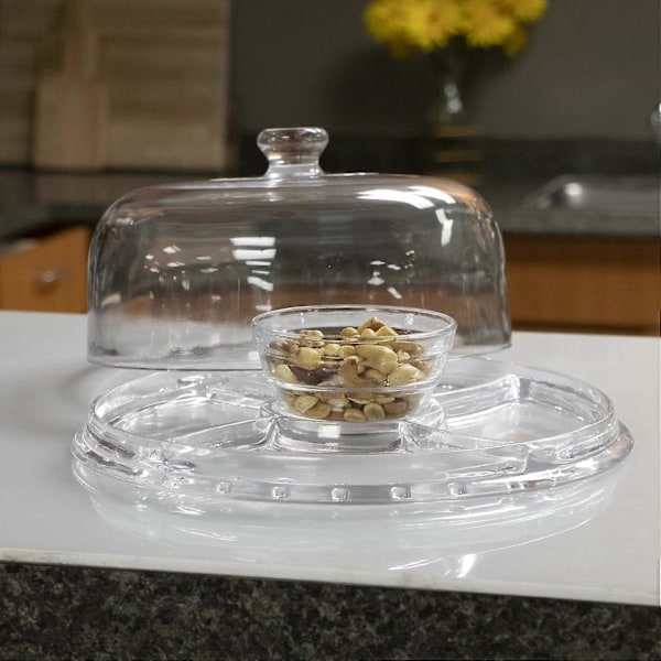 6 in 1 monitoiminen kakkuteline, akryylinen kakkualusta kupukannella, kakku- ja muffinssiteline, tarjoiluvati, salaattikulho, 31,5 cm, jalustalla, kirkas