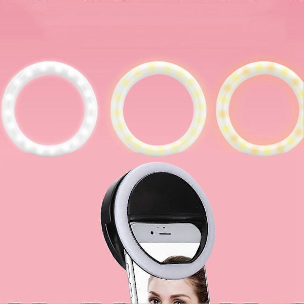 Selfie LED Ring Flash Lys Portable Telefon Selfie Lampe Lysende Klipslampe til iPhone (Sort)