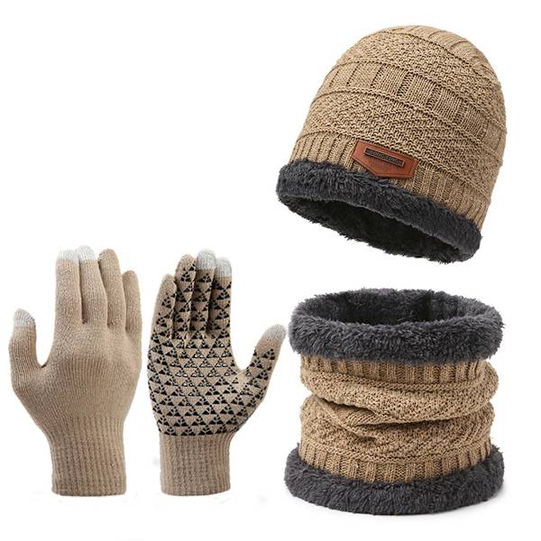 Mænds vinterdragt med varm og moderne strikket hue, jakke og handsker, one size fits all, akryl Khaki L
