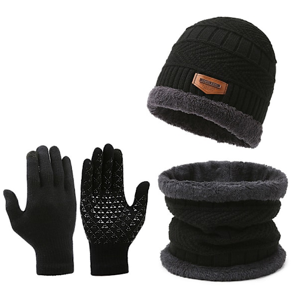Mænds vinterdragt med varm og moderne strikket hue, jakke og handsker, one size fits all, akryl Black M