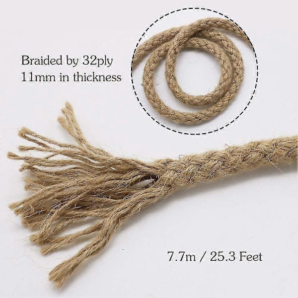 Flätad Jute Rep, 7,6 meter 11mm Tjockt Snöre för Hantverk, Klösbräda för Katter, Trädgårdsarbete, Buntning och Makraméprojekt