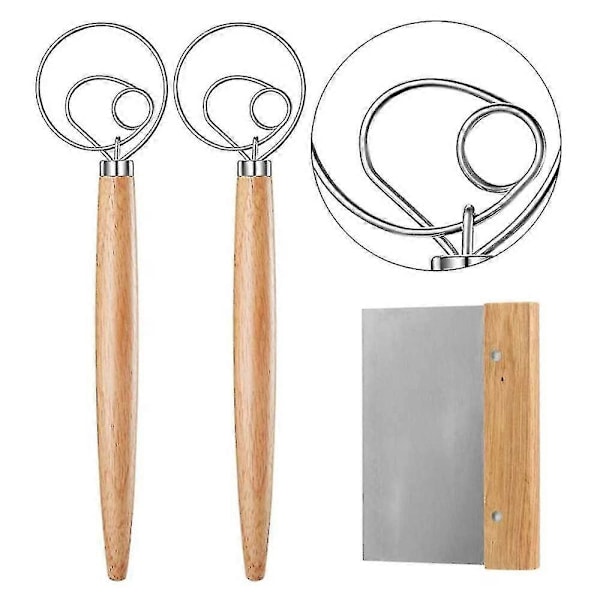 2Pcs Danish Dough Whisk with a , Bread Mixer , Wooden Handle Dough Whisk and Bread Cutting