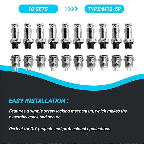10 sett M12 5 Pin 12mm Aviation Connector Hann + Hunn Sirkulær Luftkontakt Plugg Elektrisk Ledning Panel Connector