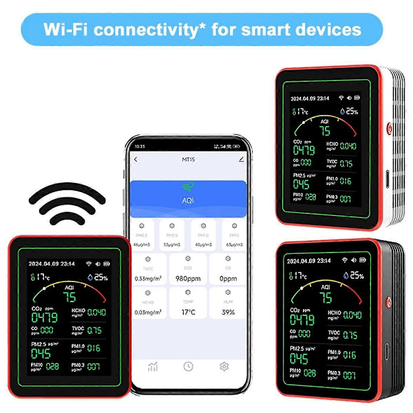 Luftkvalitetsmätare 15 i 1 Smart Luftkvalitetstestare med PM CO 2 CO TVOC HCHO Temperatur & Luftfuktighet Display EU-kontakt B