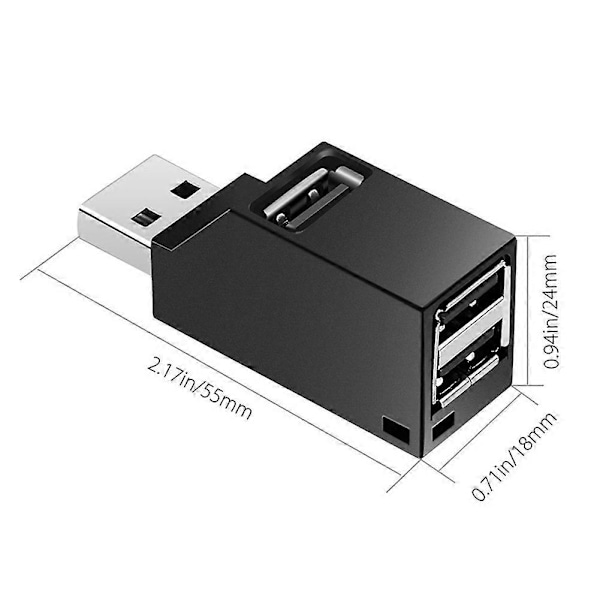 3-i-1 USB2.0 Splitter Hub ABS Mini Direkte Plugg-Inn Forlenger Datatilbehør (Svart 2.0)