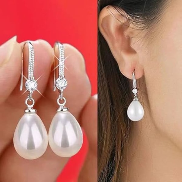Dames 925 Sterling Sølv Hvide Tåreformede Perleøreringe med Cubic Zirconia Krystaldiamant, Udsøgt Perlesmykke, Gave til Kvinder