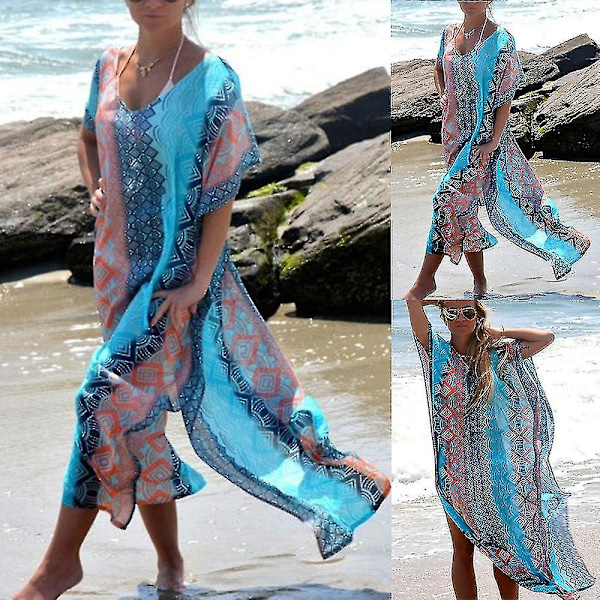 Kvindestrykt Sheer Bikini Lang Cover-up Robe Strand Løst Badetøj Wrap Kaftan Kjole