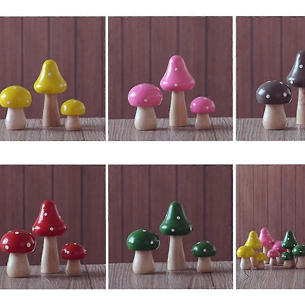 3 stk. Miniatyrsoppfigurer i tre, mini-sopp, tilbehør til fehage, blomsterpotter, mikrolandskapsdekorasjon (rød)