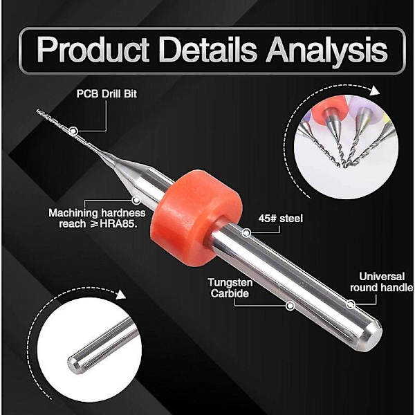 20 stk Mini PCB Bor Bits 0,1-1,0 mm, Karbid Spiralfløyte Karbid Mikrobor Bits Rotasjonsverktøy Smykker CNC-kort Strømgravering, Versailles