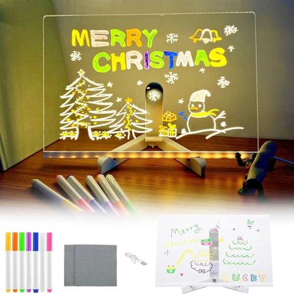 Lysende Akrylmarkør, Akryl Tørk Tavle med Stativ, LED Transparent Skrivebord Sticky Note Memo 7 Pens