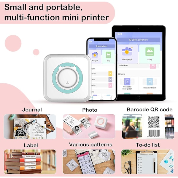 Mini Kannettava Tulostin, Bluetooth Taskukokoinen Lämpötulostin, Mini Lämpötulostin iOS:lle ja Androidille, Musteeton Taskukokoinen Tulostin Valokuville ja Muistiinpanoille