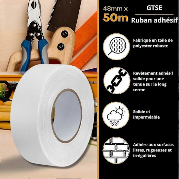 Klæbetape i stof, hvid Gaffertape, 48 mm x 50 m, 2 ruller, resistent, vandtæt, til reparation, fastgørelse, montering, forstærkning