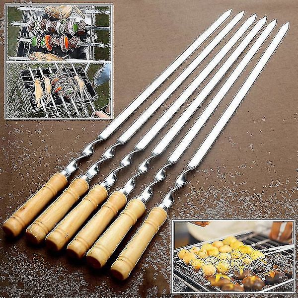 6 stk. Rustfrit Stål BBQ Flade Spidde Udendørs Grill Langt Håndtag Grillpind