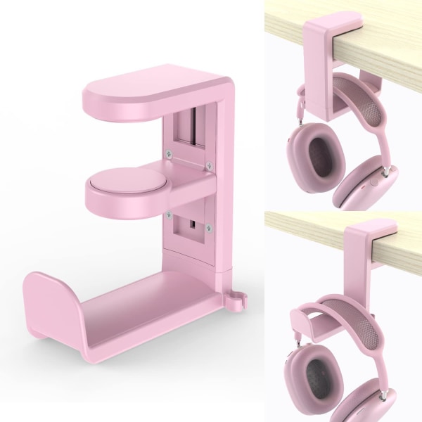 Hodetelefonkrokholder for PC-spillhodesett, hodetelefonstativ med justerbar og svingbar armklemme, Universal Fit, innebygd kabelklipsorganisering pink